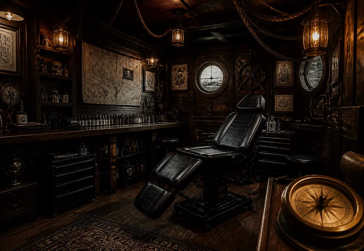 Intérieur du salon aménagé comme une cabine de bateau pirate